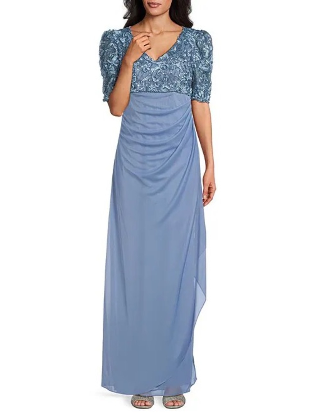 Alex Evenings Light Blue V-Neck Lace Bodice Maxi Dress